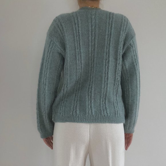 Vintage L.L. Bean Sage Green Mohair Cable Knit Cardigan Sweater - Picture 12 of 13